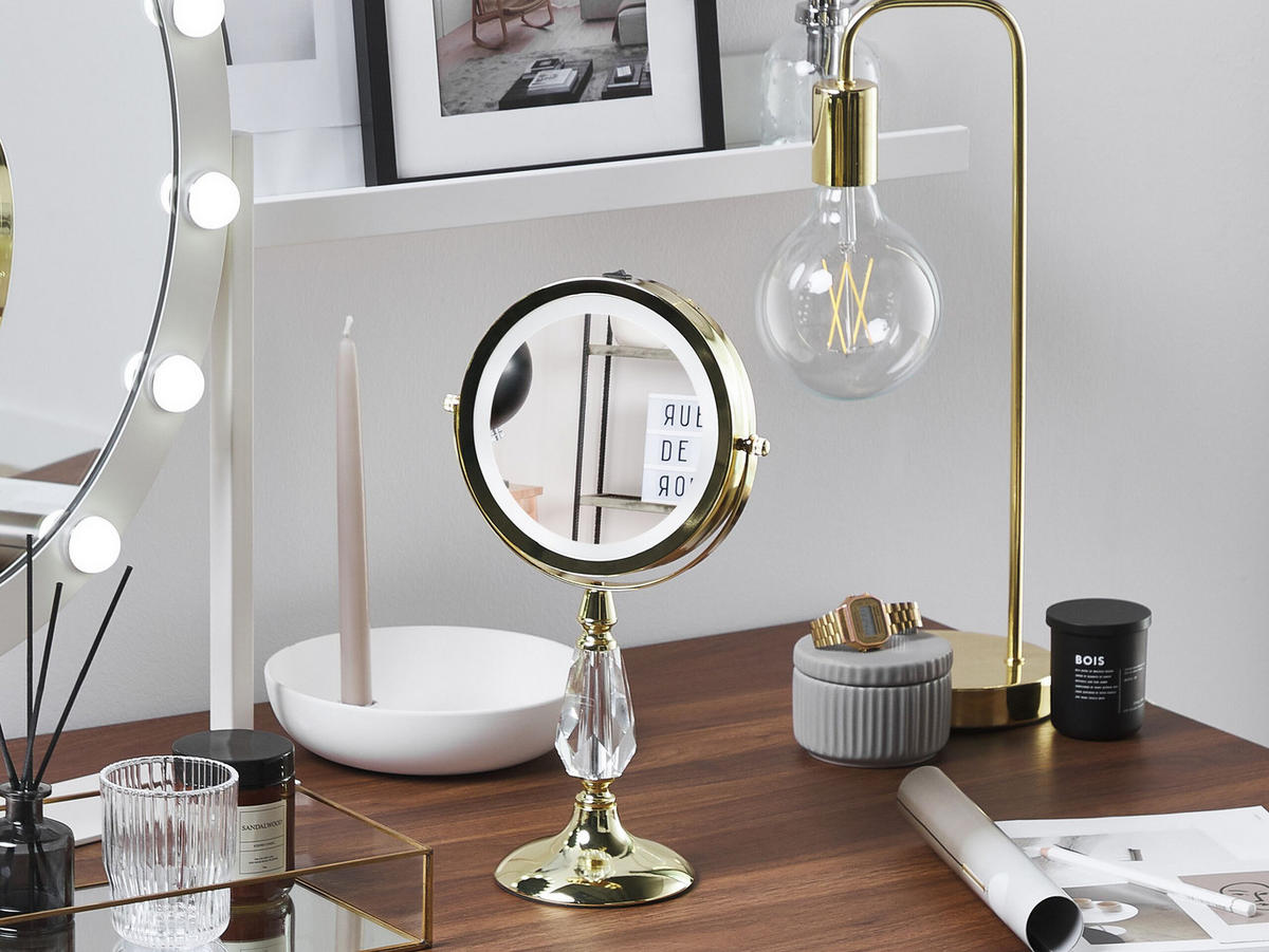 KOSMETIKSPIEGEL gold mit LED-Beleuchtung 18 cm Maury - Goldfarben, Metall (18/37/12cm) - Beliani