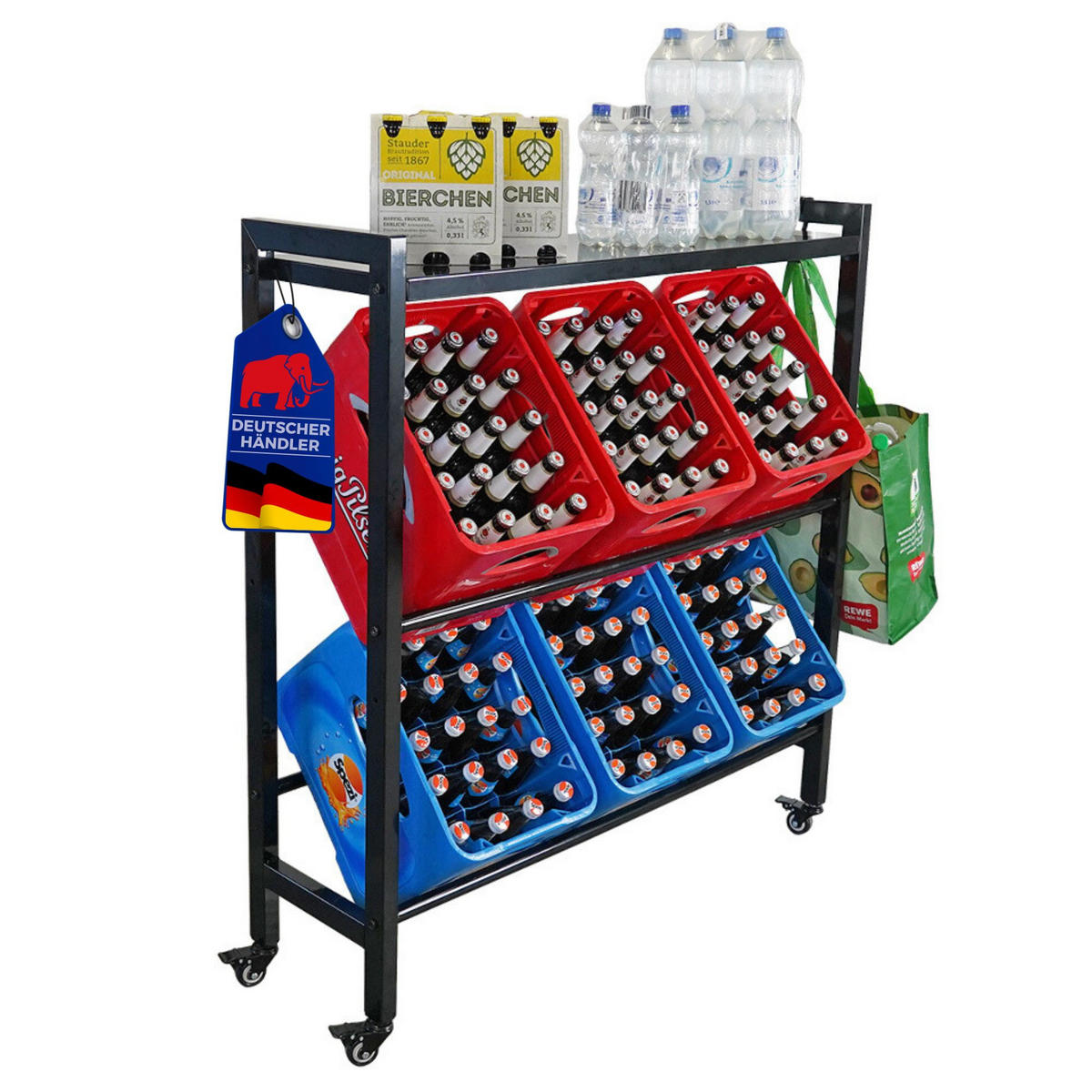 GETRÄNKEKISTENREGAL Königssee L PLUS mit Ablage 119x110x33 6 Kisten auf 2 Ebenen Auf Rollen Schwarz - Schwarz, Metall (110/119/33cm) - PROREGAL