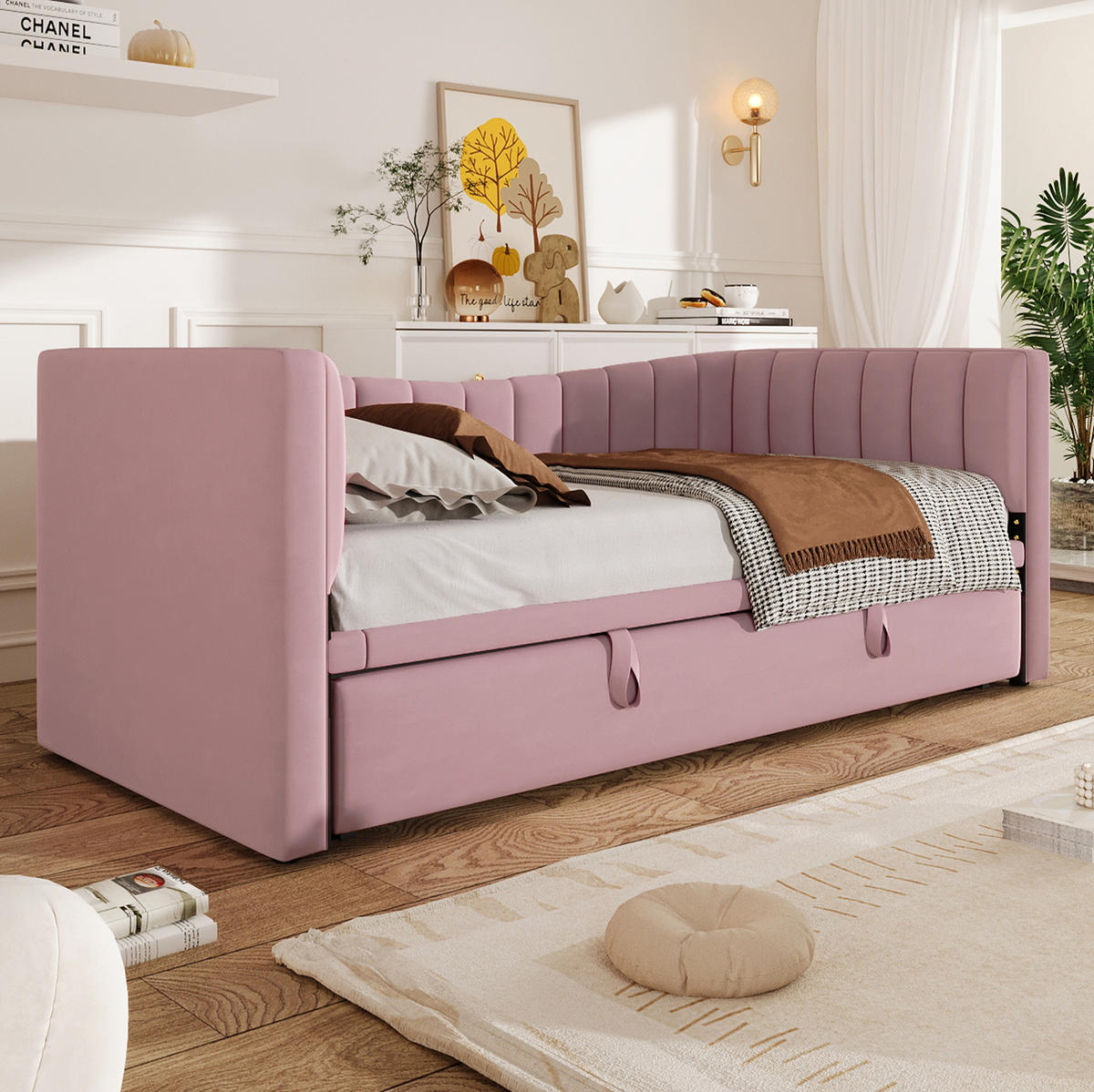 POLSTERBETT 90/200 cm in Rosa aus Samt mit Ziehbett - Rosa, Textil (180/200cm) - Flora Grace