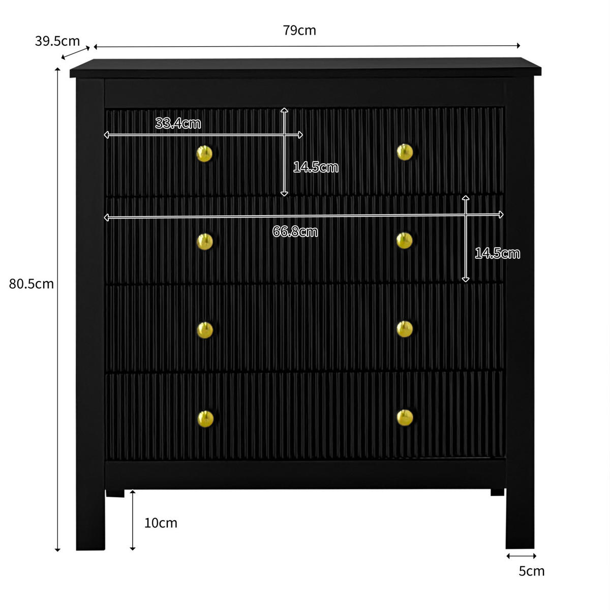 KOMMODE 79/39,5/80,5 cm aus Spanplatte mit 5 strukturierten Schubladen Schwarz - Schwarz, Holzwerkstoff (79/80.05/39.5cm) - Modenvie