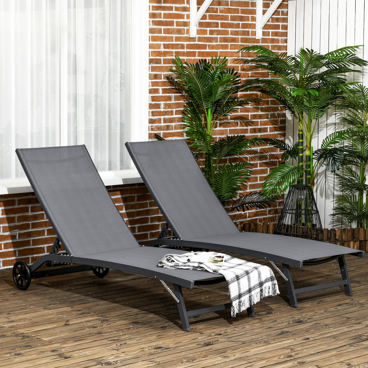 SONNENLIEGE 2er-Set Sonnenliegen mit verstellbarer Rückenlehne Dunkelgrau 66 x 165 x 102 cm - Grau, Metall (66/102/165cm) - Vallsero