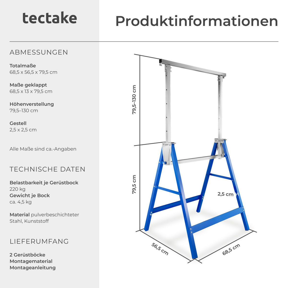 GERÜSTBOCK 2er Set, mit Sicherheitsspinden, blau - Blau, Metall (68.5/56.5/79.5cm) - tectake