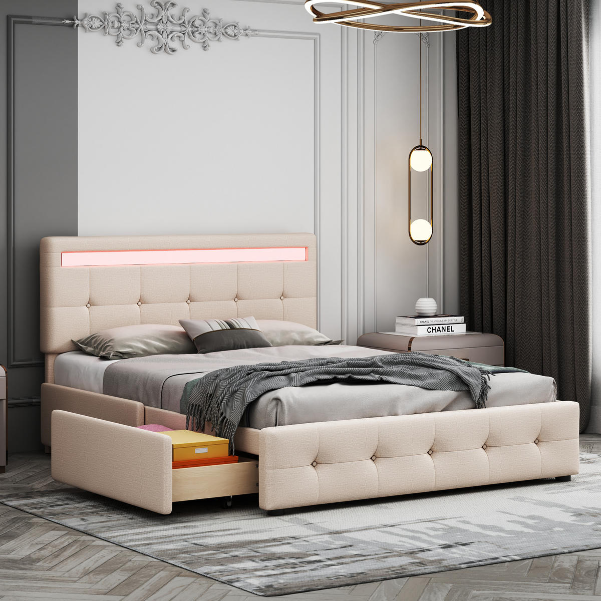 POLSTERBETT 140/200 cm DE-01701, in Beige, mit LED, 4 Schubladen und Bettkasten auf Rollen - Beige, Metall (140/200cm) - ComfortXL