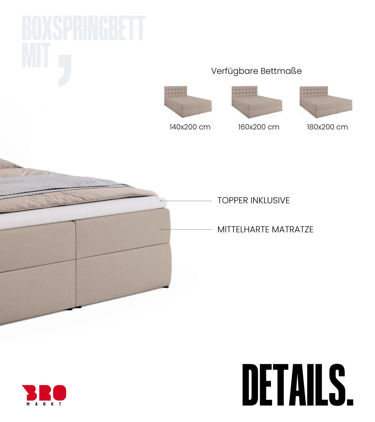 BOXBETT Dakota mit Topper 140/200 Beige - Beige, Textil (140/200cm) - Bromarkt
