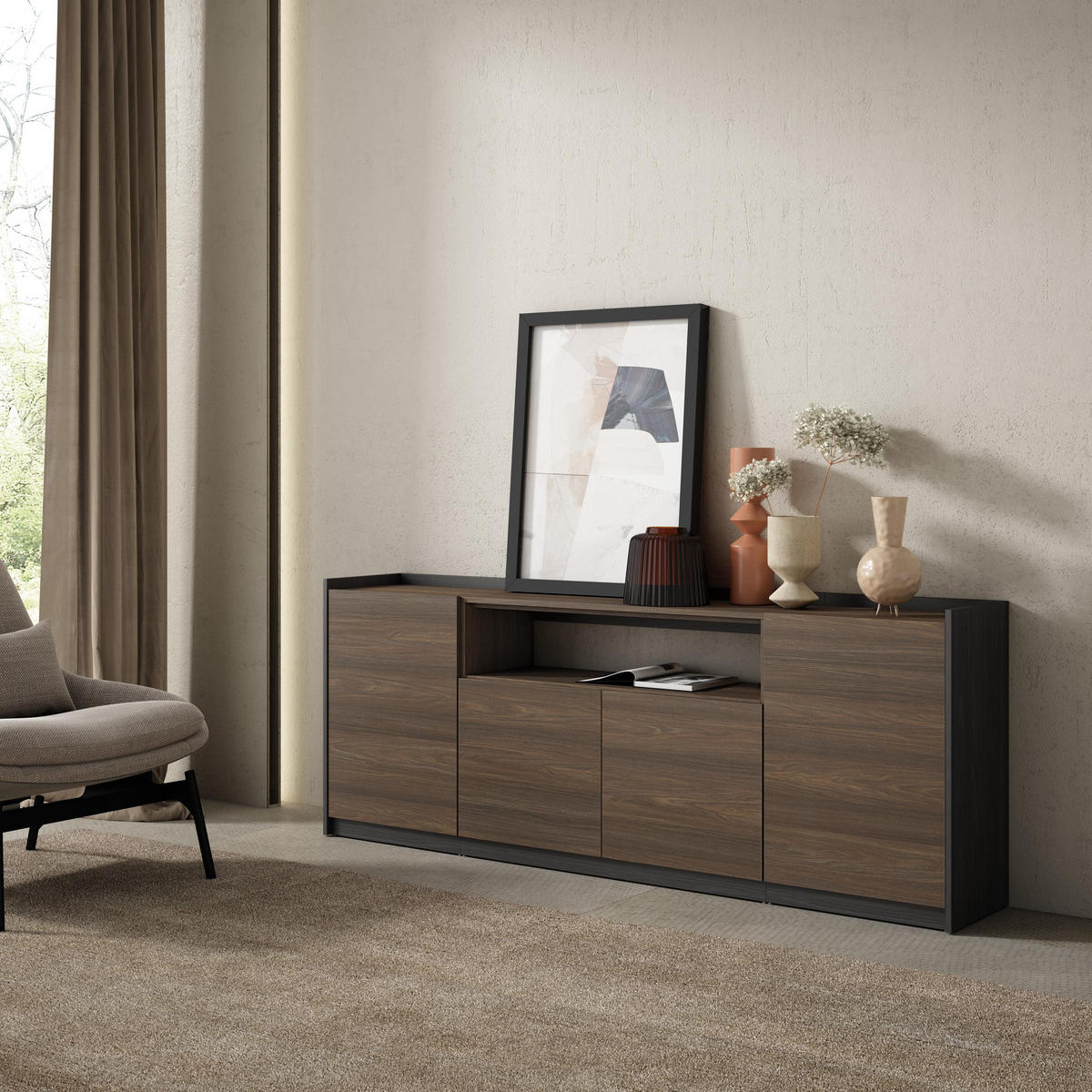 SIDEBOARD, Highboard, Dunkler Eiche und Schwarz, 207/37/80cm - Dunkelbraun, Holzwerkstoff (207/80/37cm) - Skraut Home