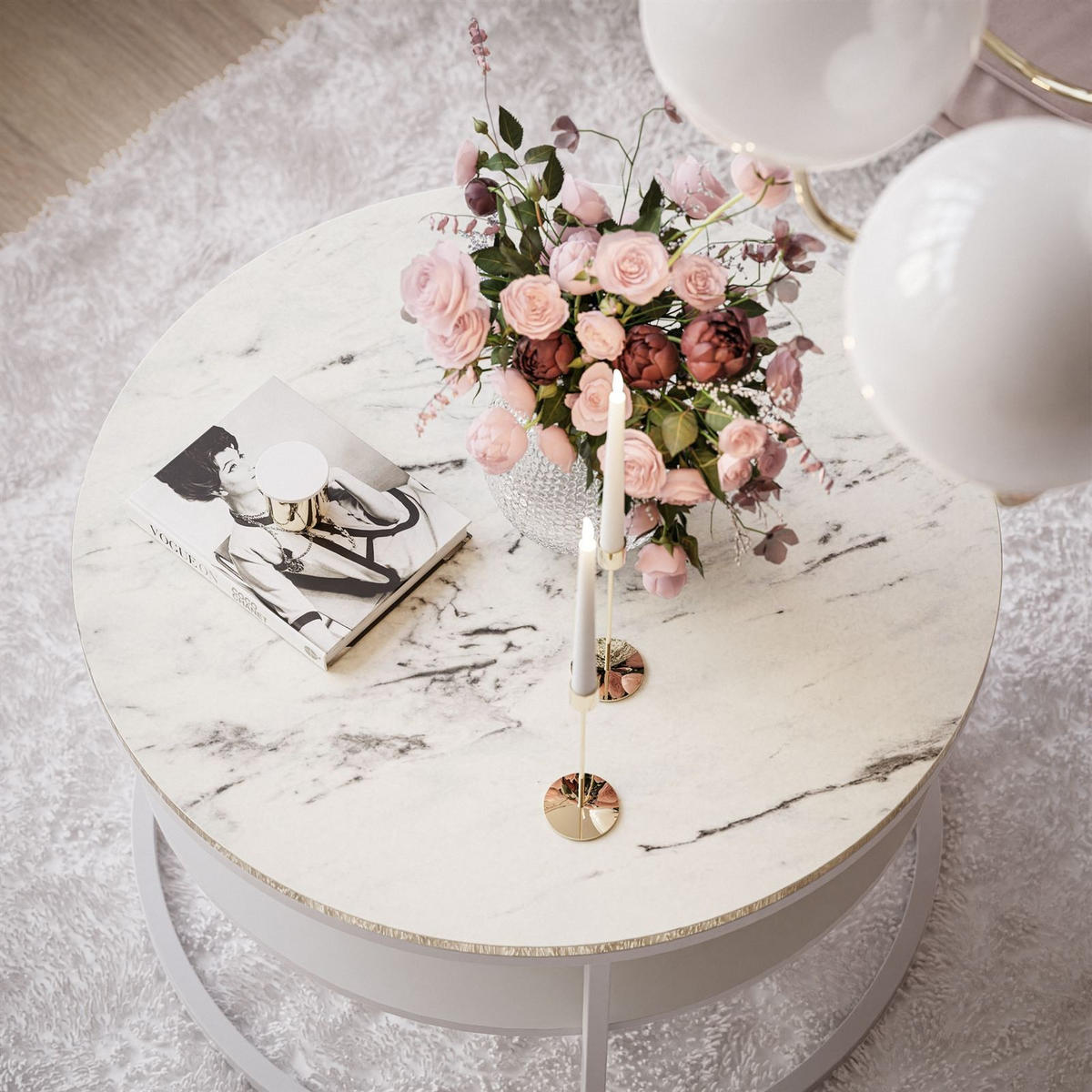 COREIL MARMUR runder Couchtisch mit Ablage Weiß / Carrara Marmor - Weiß, Holzwerkstoff (70/70/49cm) - Lookway