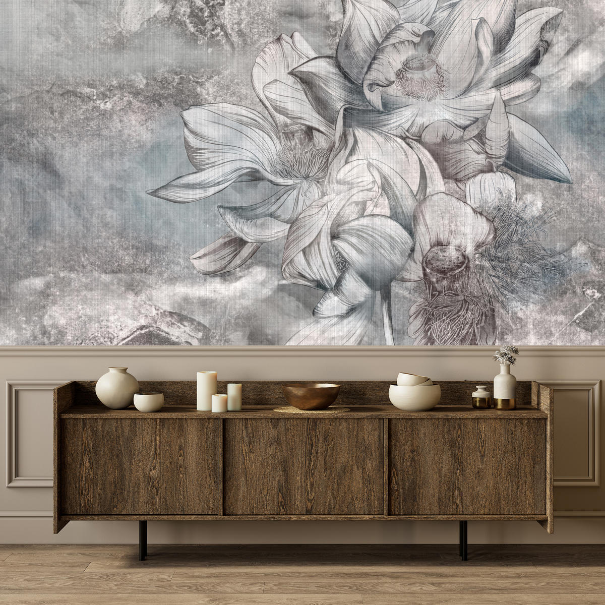 FOTOTAPETE für Wohnzimmer Wunderschöne Blume Betonwand Retro 250x175 - Grau, Papier (250/175cm) - Muralo
