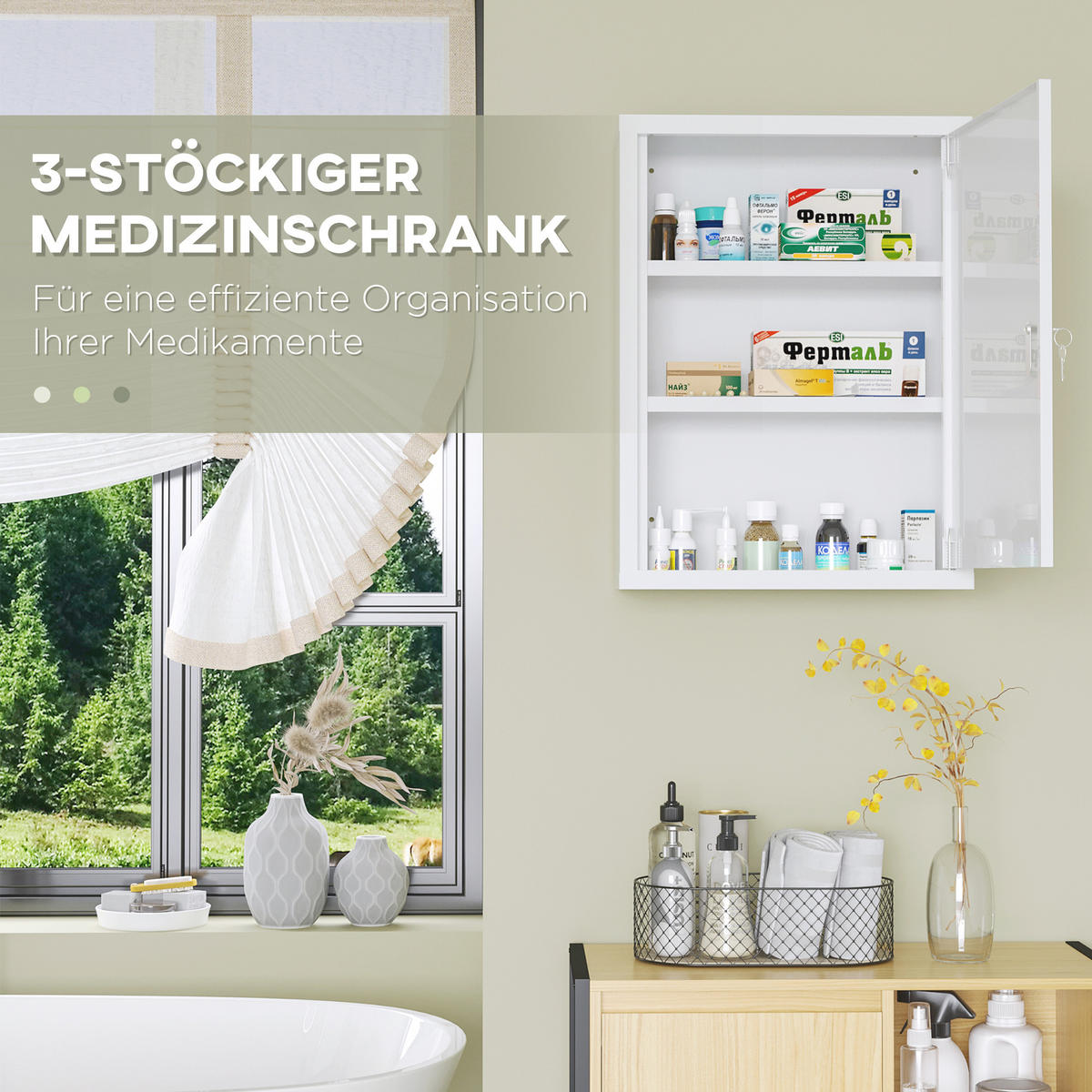 MEDIZINSCHRANK mit 3 Fächern, 3 Schlüsseln, Stahl, Weiß - Weiß, Metall (15/53.5/40cm) - Kleankin