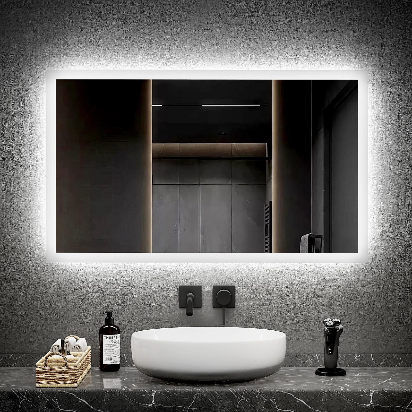 BADSPIEGEL mit Antibeschlag Beleuchtung 100/60/3,5 cm - Weiß, Glas (60/3.5/100cm) - EMKE