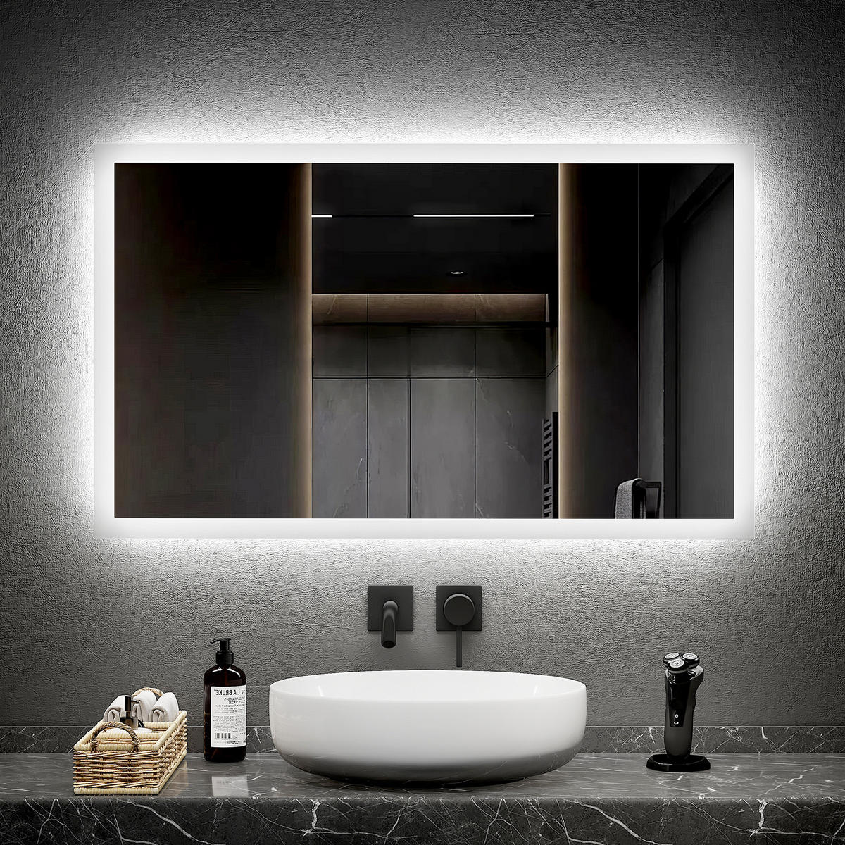 BADSPIEGEL mit Antibeschlag Beleuchtung 100/60/3,5 cm - Weiß, Glas (60/3.5/100cm) - EMKE