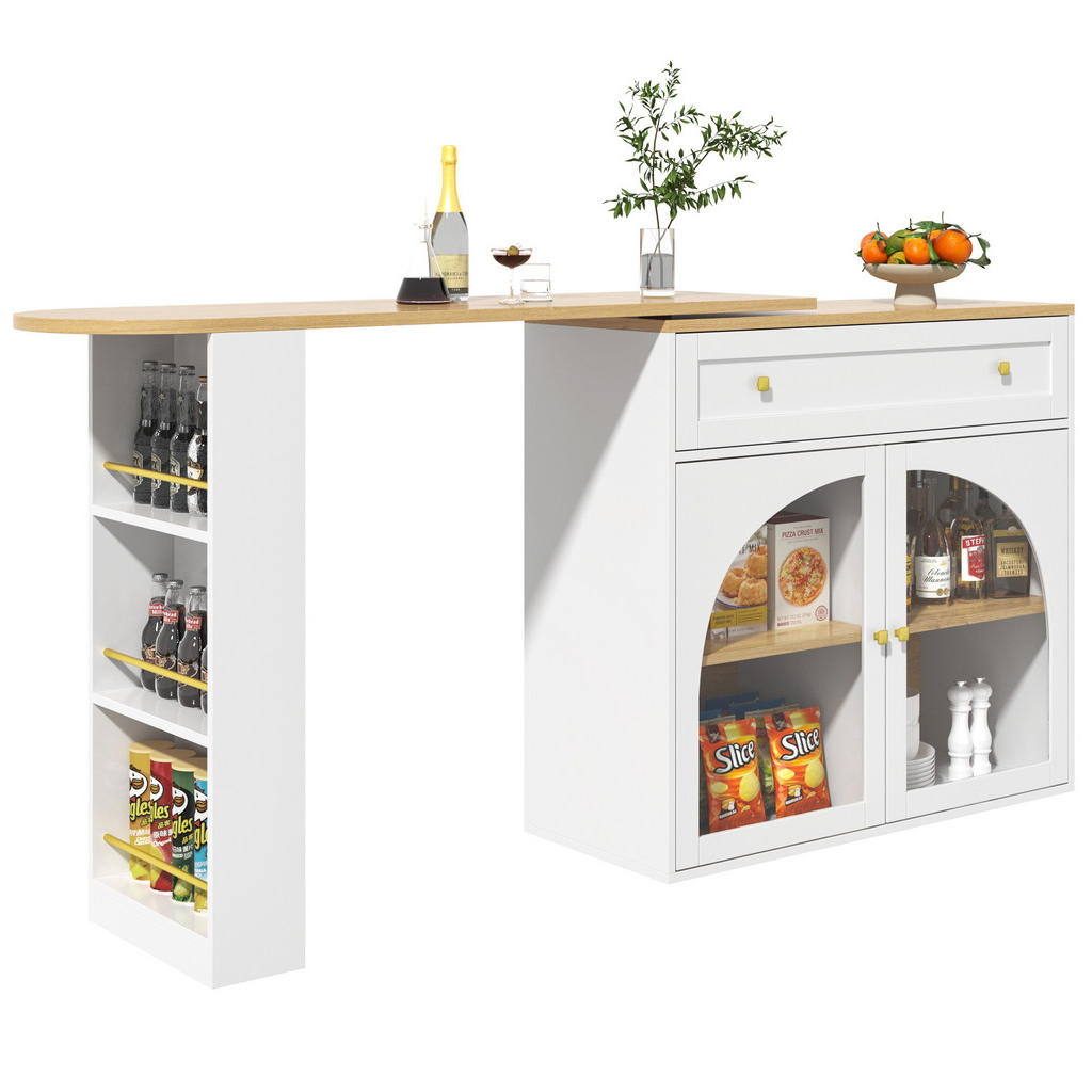 Modfu BAROVÝ stůl z MDF 138-204x39x104 cm bílý s 360° otočnou deskou, úložným prostorem a policí