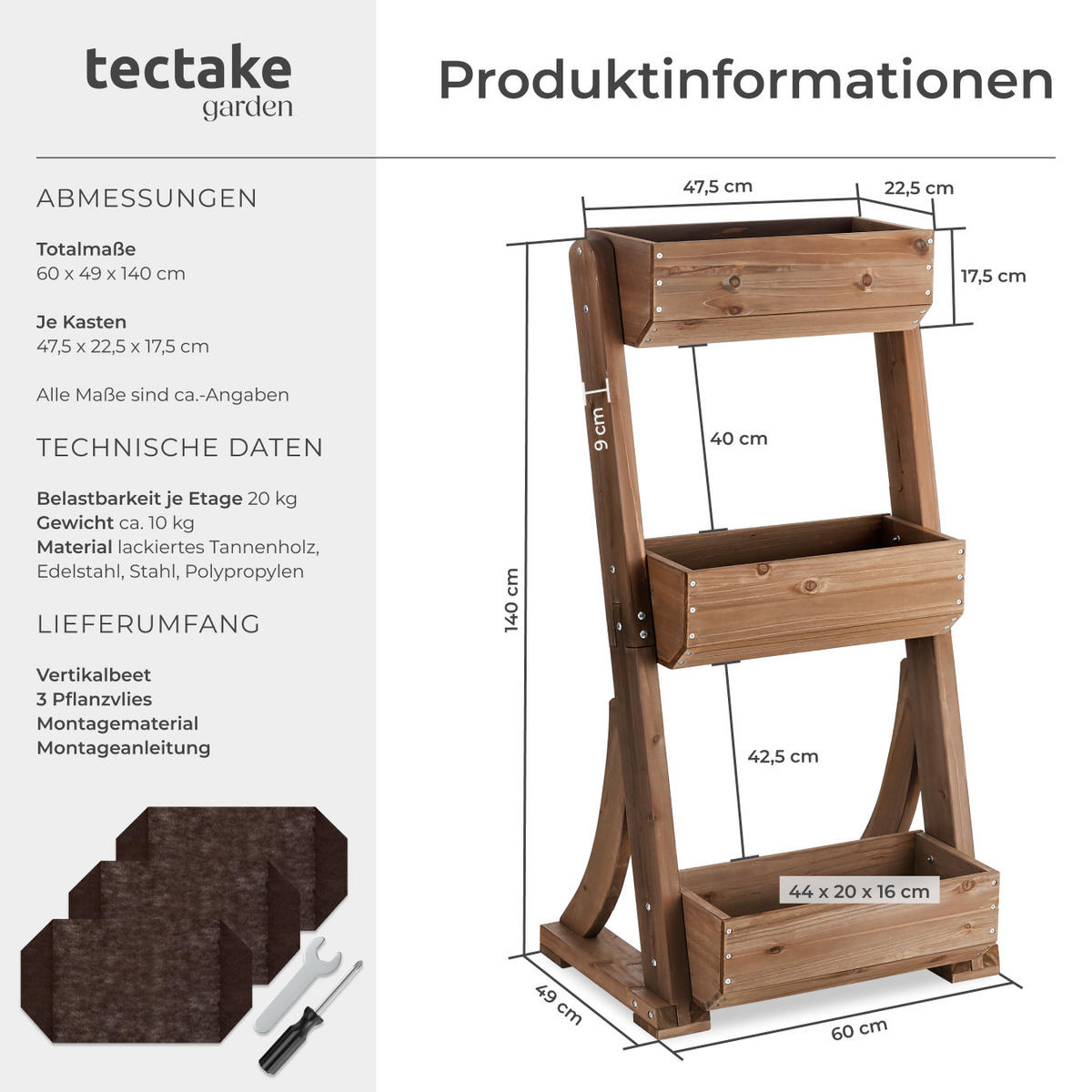 VERTIKALBEET Flora,inklusive Pflanzvlies, 60 x 49 x 140 cm,braun - Braun, Holz (60/140/49cm) - tectake