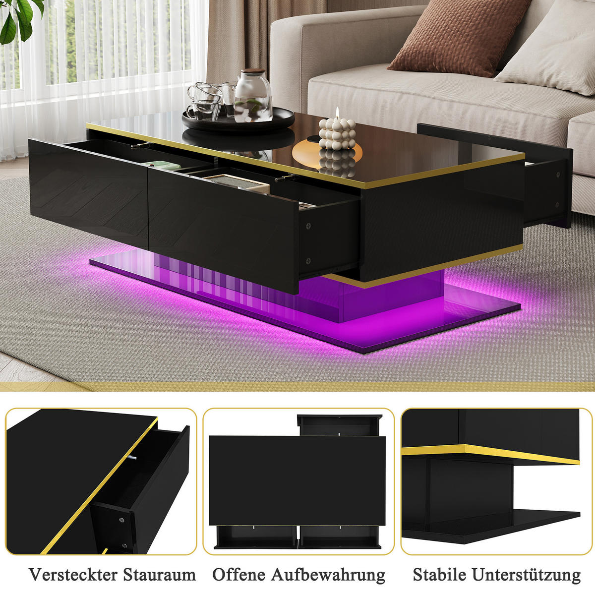 KONFERENČNÍ stolek z dřevotřísky, 100/50/40 cm černý/zlatý, s LED osvětlením a 3 zásuvkami - černá, kompozitní dřevo (100/50/40cm) - BEAOK
