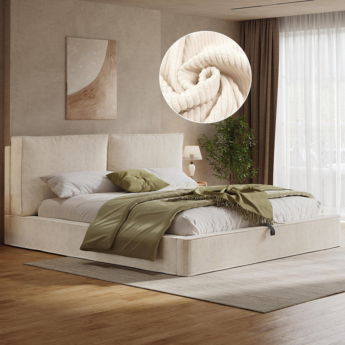 POLSTERBETT 180 x 200 cm, Bett mit Lattenrost, beige, Cord (gerippter Stoff) - Beige, Holz/Textil (180/200cm) - KOMHTOM