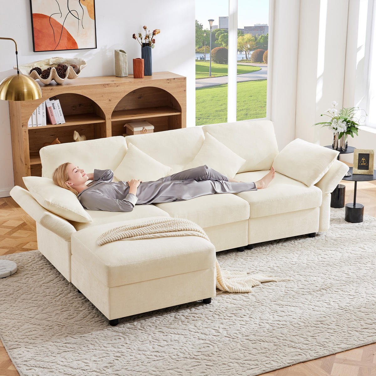 4-SITZER ECKSOFA Chenille Beige mit Verstellbaren Armlehnen, mit Hocker und Kissen - Beige, Holzwerkstoff/Kunststoff (218/156.5cm) - WISHDOR