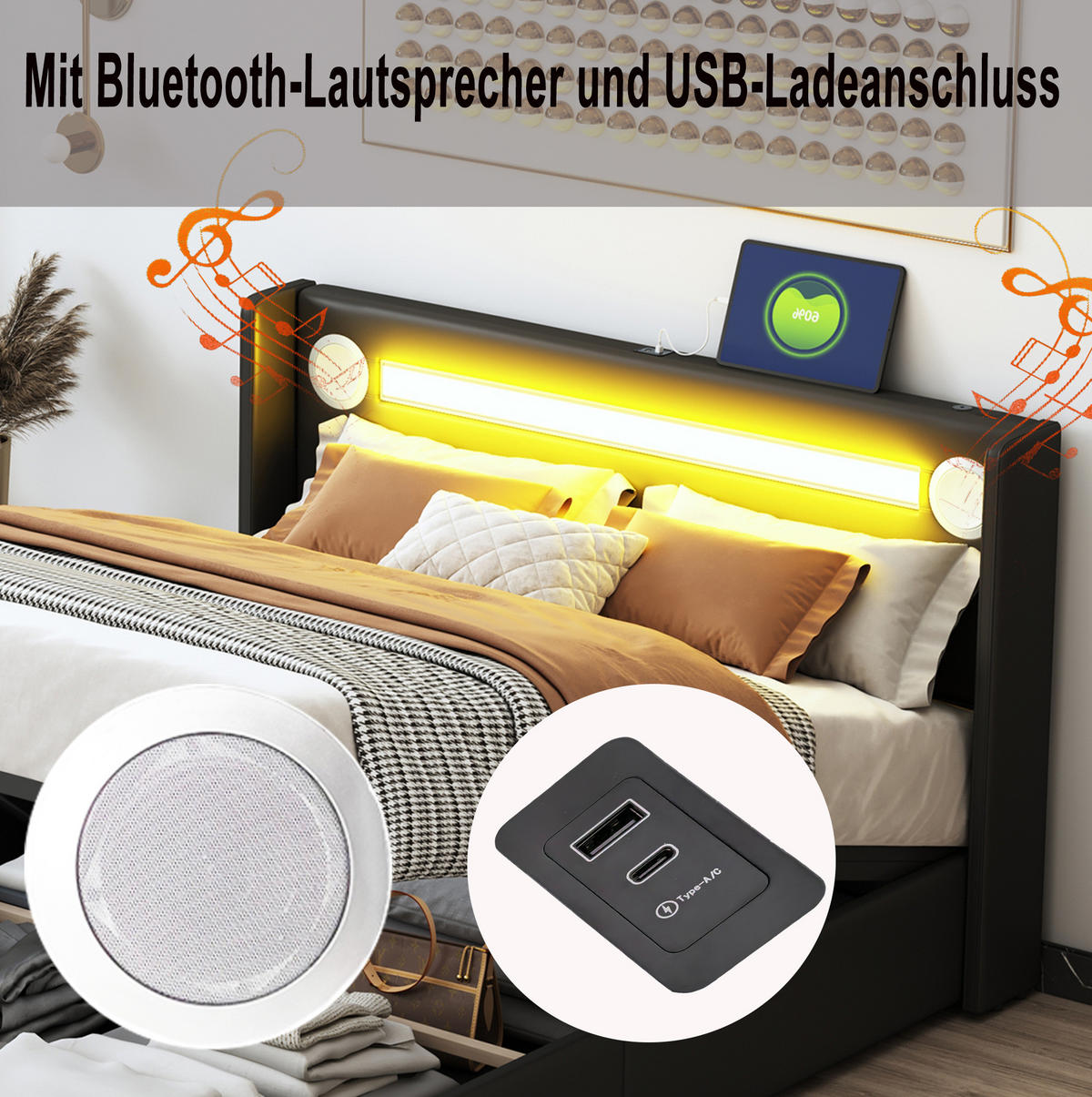 POLSTERBETT 160/200 cm Schwarz aus PU-Leder mit Stauraum - Schwarz, Kunststoff (160/200cm) - OKMYHOME