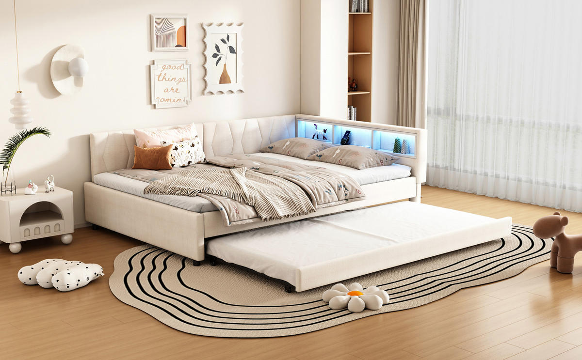 TAGESBETT mit Ausziehbett 140x200 cm Beige mit USB und LED - Beige, Holz (140/200cm) - Meubliv