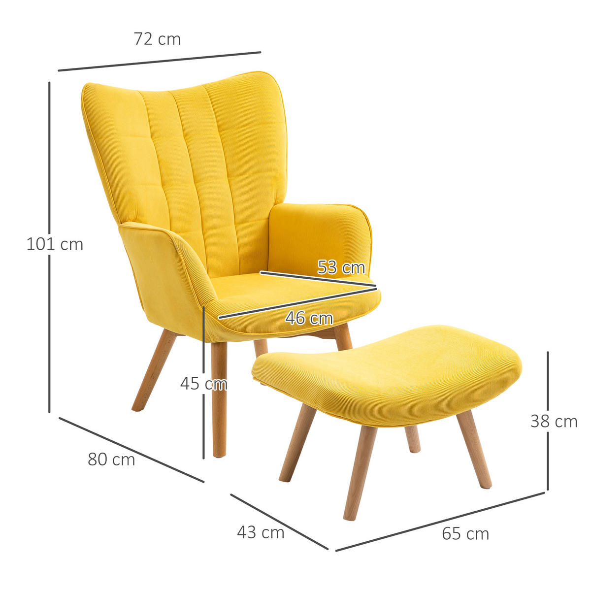 OHRENSESSEL mit Hocker, Relaxsessel, Polstersessel in Cord-Optik, mit Holzbeine - Gelb, Holz (80/101/72cm) - HOMCOM