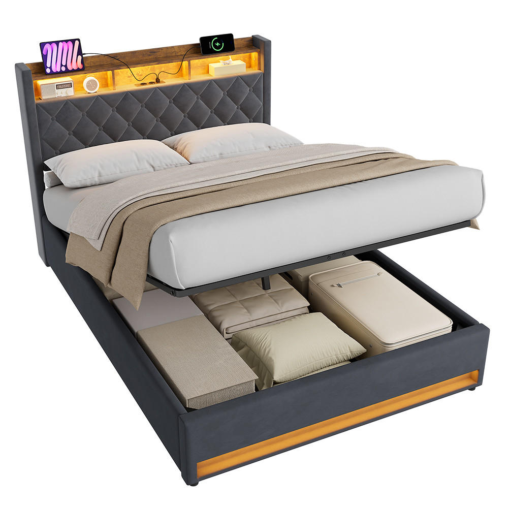 POLSTERBETT 140/200 cm in Grau, Samt, mit Bettkasten, USB, LED, ohne Matratze - Grau, Holzwerkstoff/Textil (140/200cm) - WISHDOR