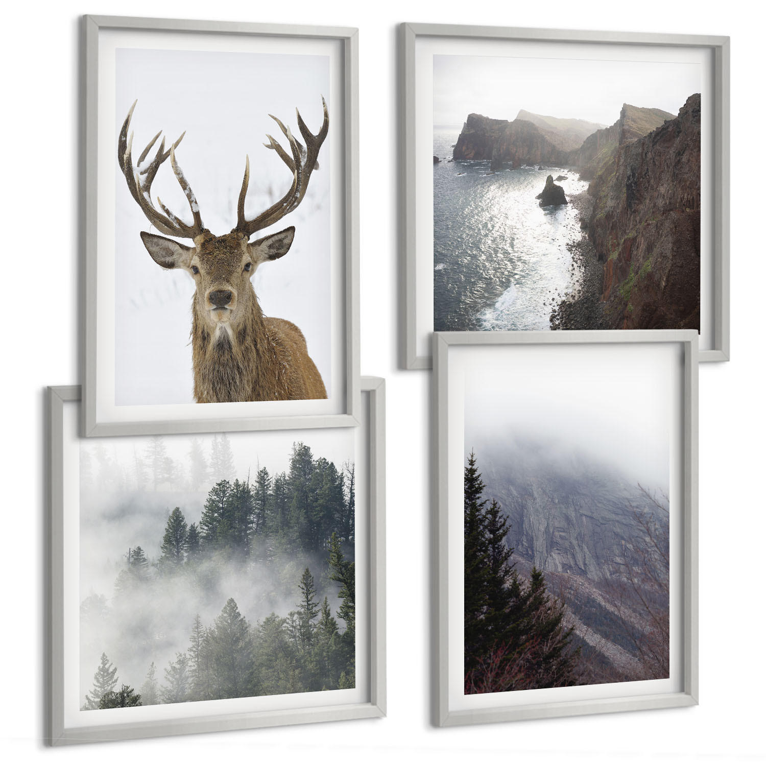 BILDER SET 4er Set - 50x50 cm & 40x60 cm Silberner Rahmen - Berglandschaft Nebel Hirsch - Silberfarben, Kunststoff (50/50cm) - TULUP