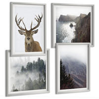 BILDER SET 4er Set - 50x50 cm & 40x60 cm Silberner Rahmen - Berglandschaft Nebel Hirsch - Silberfarben, Kunststoff (50/50cm) - TULUP