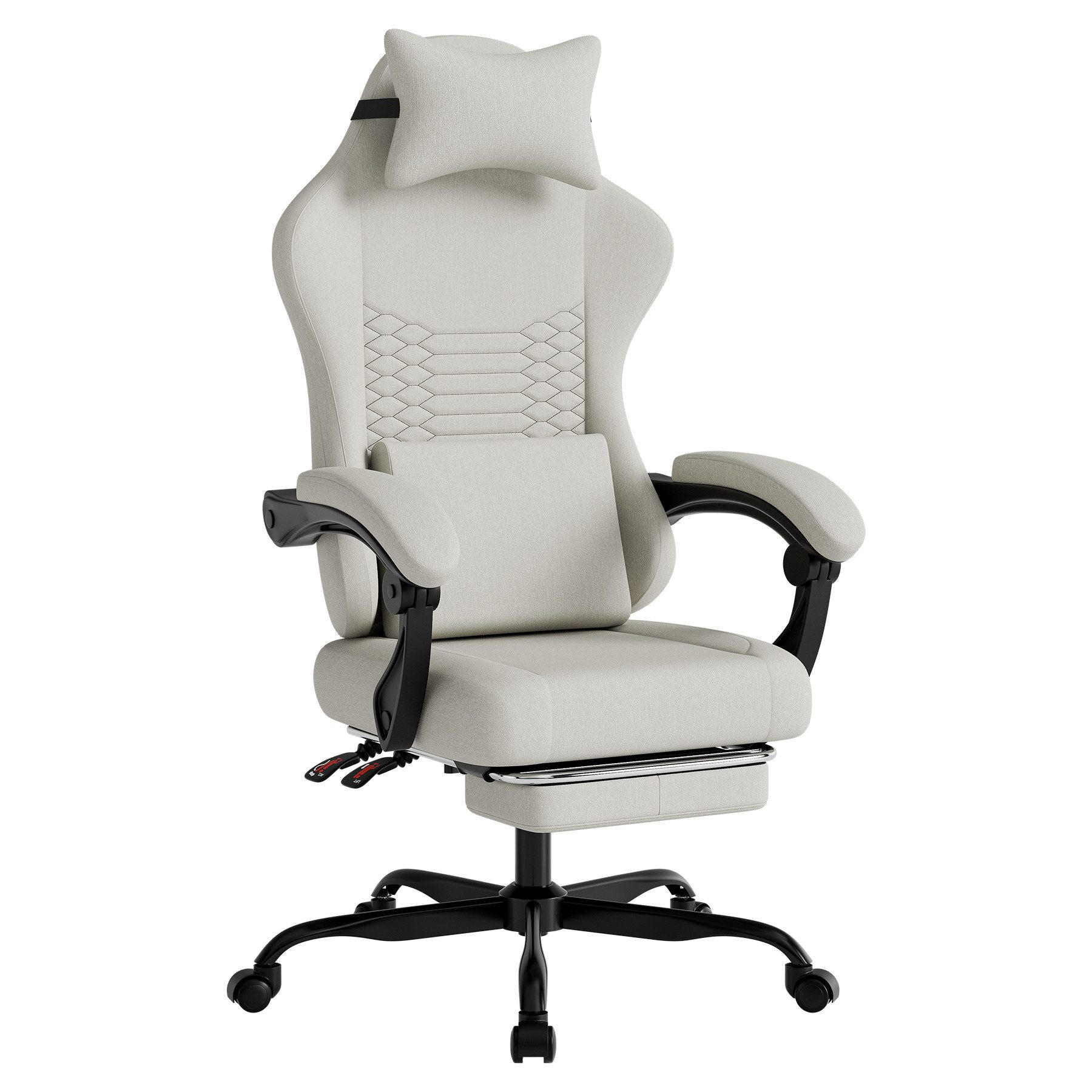 GAMING-STUHL ergonomischer, Bürostuhl mit Fußstütze & Lendenstütze - Weiß, Textil (65/114/65cm)