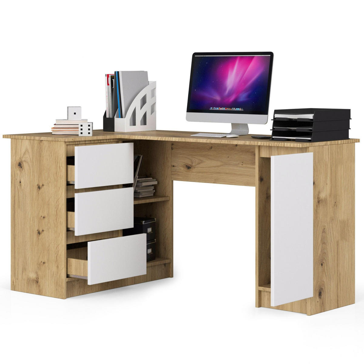 ECKSCHREIBTISCH Eiche Artisan, Weiß 155x85x77 cm - Eiche Artisan/Weiß, Holzwerkstoff (85/155/77cm) - Akord