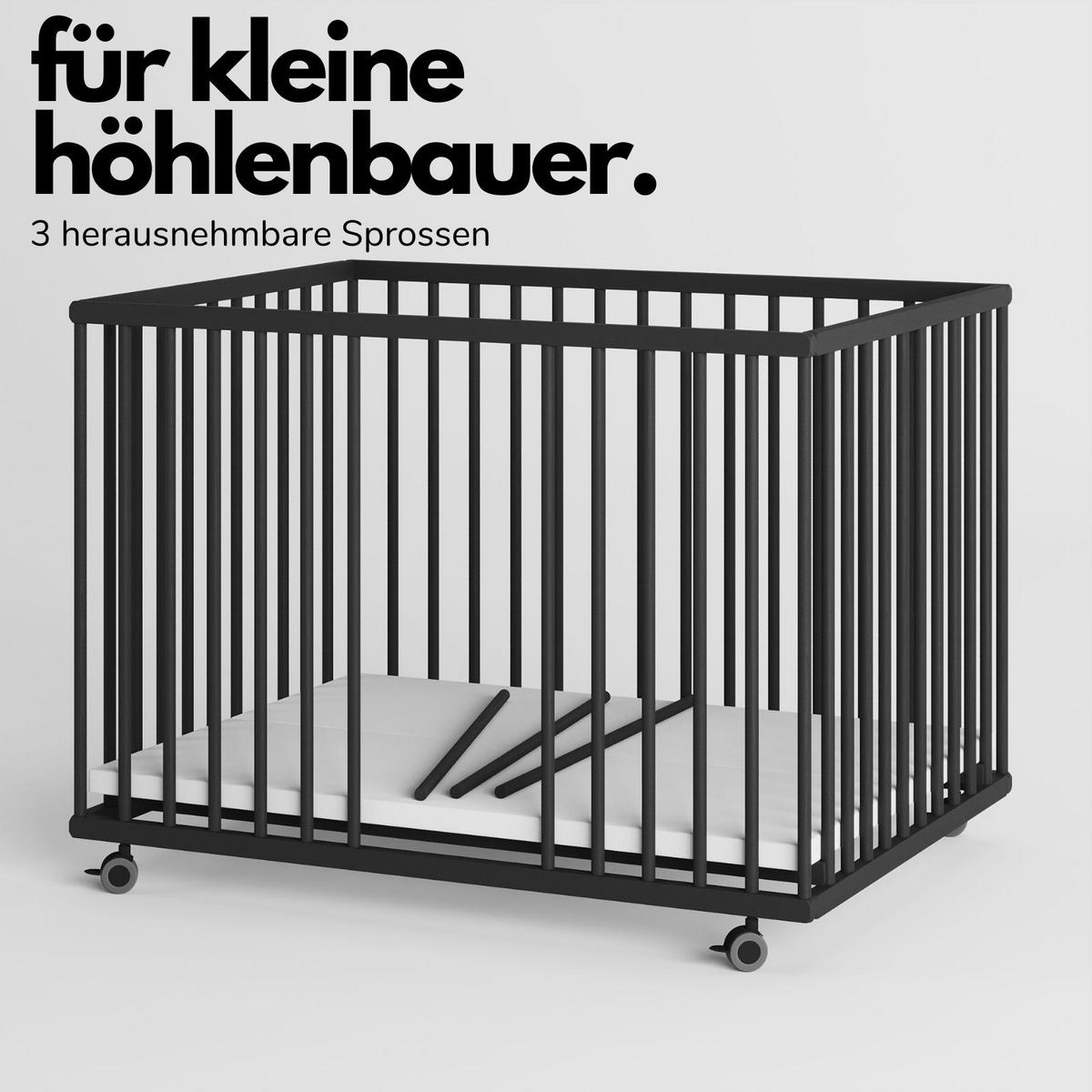 LAUFGITTER 75x100 cm mit Matratze & Schlupfsprossen - Black Edition - Premium Kollektion - Schwarz, Holz (100/74/75cm) - Sämann – make a difference.