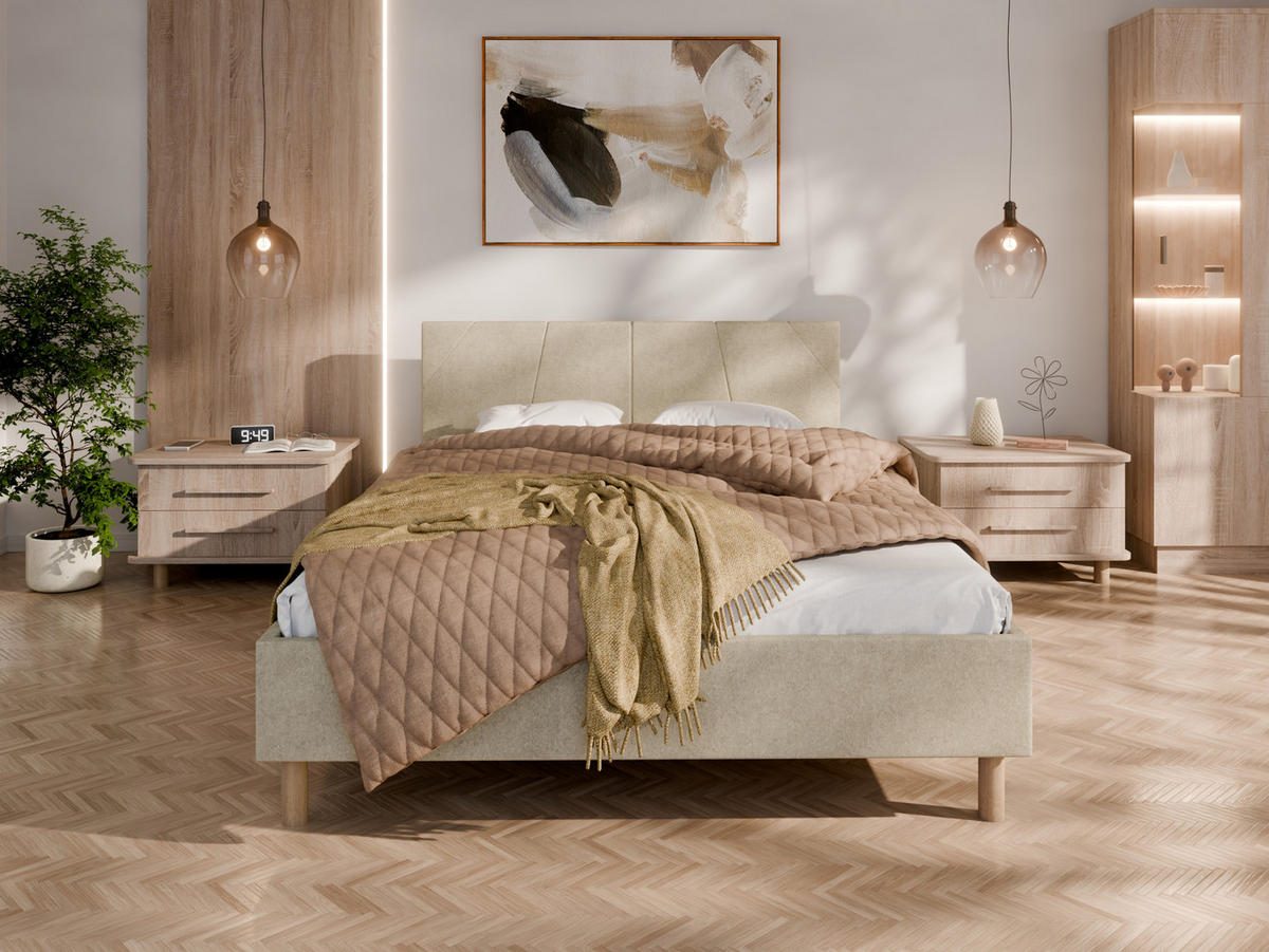 POLSTERBETT ALMORE 140x200cm Elegantes Polsterbett für modernen Wohnstil , 7-Zonen-Taschenfederkernmatratze mit kokos ARLAN (21 cm), beige - Beige, Holz (140/200cm) - Panda Möbel