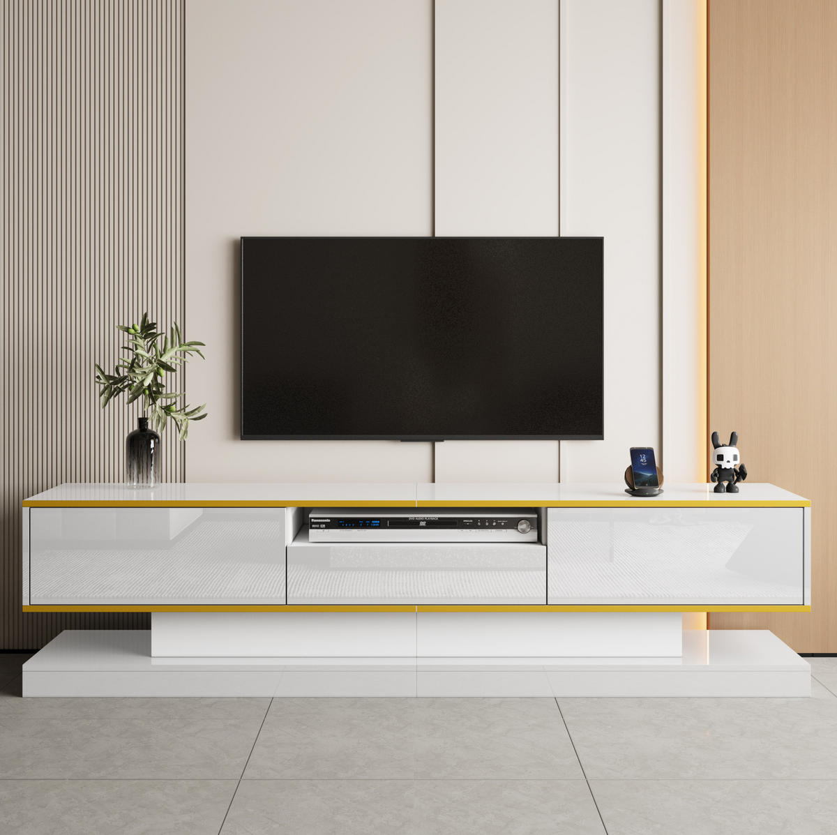 TV-LOWBOARD aus Spanplatte 180x38x45 cm Weiß mit LED-Beleuchtung, App-Steuerung und 3 Schubladen - Weiß, Holzwerkstoff (180/45/38cm) - IVMEU