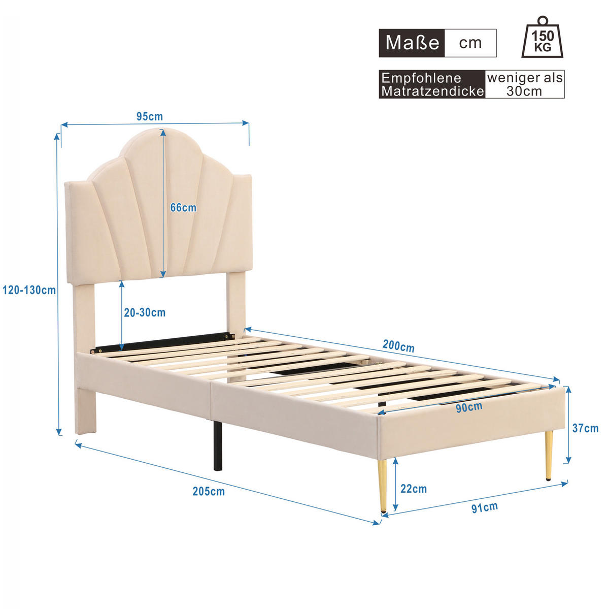 POLSTERBETT aus Samt 90x200 cm Beige mit höhenverstellbarem Kopfteil und Lattenrost - Beige, Textil (90/200cm) - IVMEU