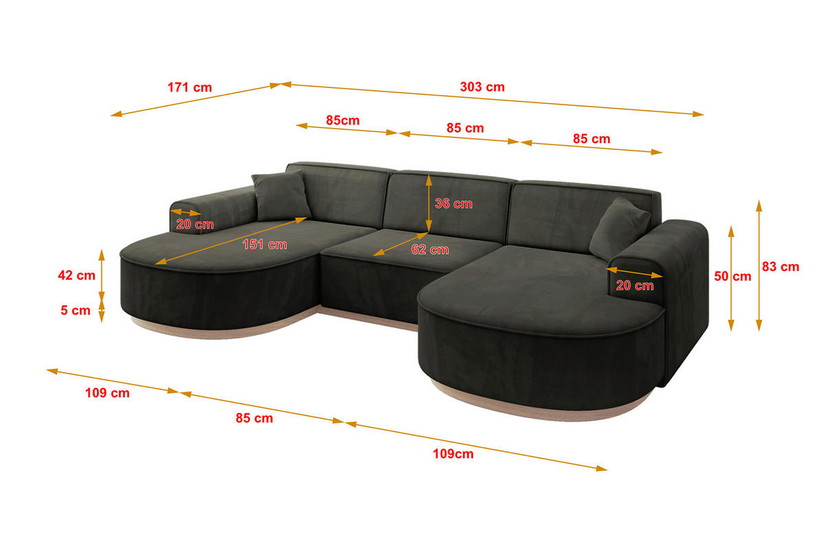 WOHNLANDSCHAFT MARI-U1-v1 - 303x171x83 cm Schwarz Velours - Schwarz, Holzwerkstoff/Textil (303/83/171cm) - ALTDECOR