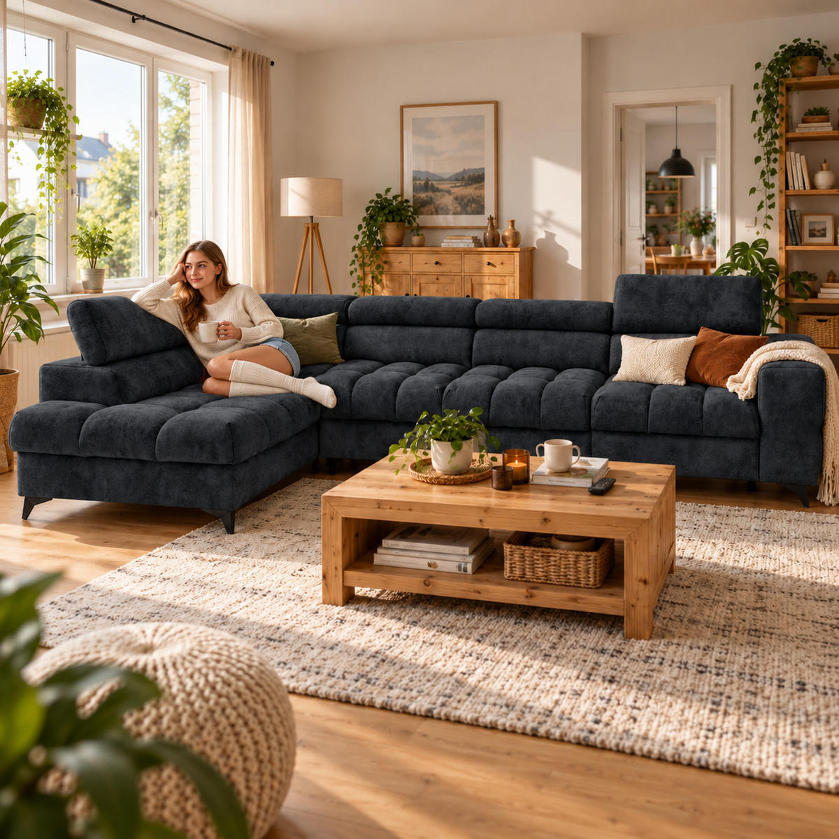 ECKSOFA PUDDING MAXI L Links mit Schlaffunktion 125x195 Velours Schwarz - Schwarz, Holz/Textil (350/203cm) - Muffo