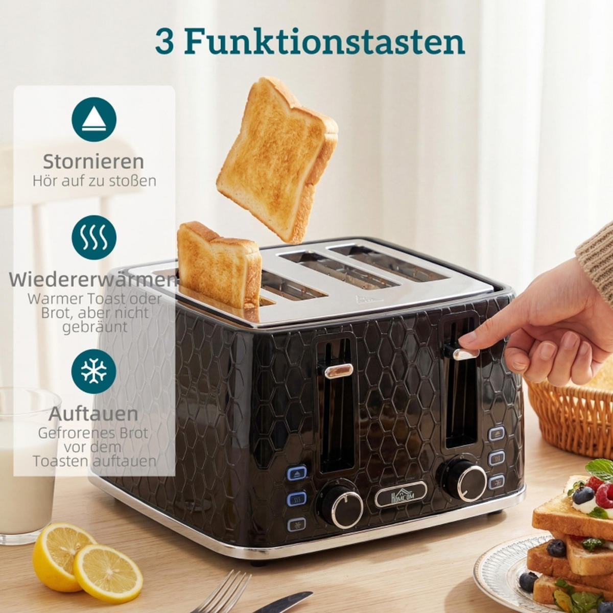 WASSERKOCHER-TOASTER SET 4-Scheiben-Toaster 1,7L Schnellkoch-Wasserkocher Schwarz 22,2/16,9/23,8 cm - Schwarz, Kunststoff (16.9/23.8/22.2cm) - Rolipo