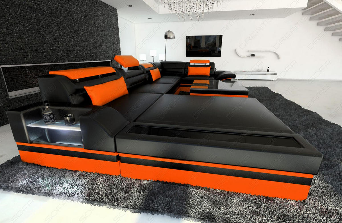 SOFA Mezzo U Schwarz Orange Ledermix - Schwarz, Textil (372/78/214cm)