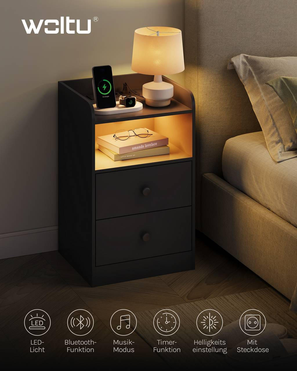 NACHTTISCH 2er Set mit LED-Licht, 2 Steckdosen , Holz, Schwarz - Schwarz, Holzwerkstoff (40/64/35cm) - Woltu