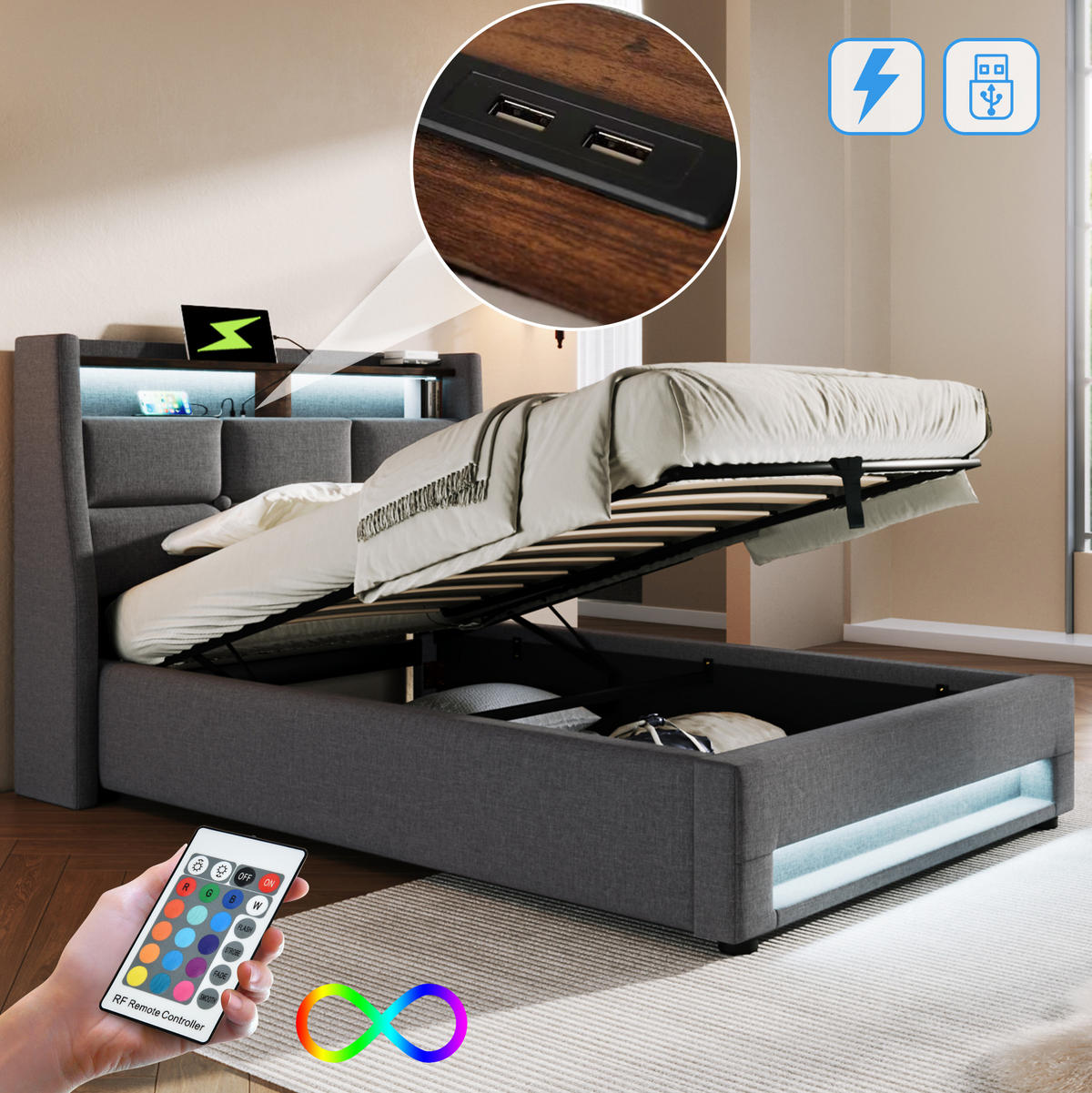 POLSTERBETT 90/200 cm Grau aus Leinen mit LED und USB - Grau, Textil (90/200cm) - OKMYHOME