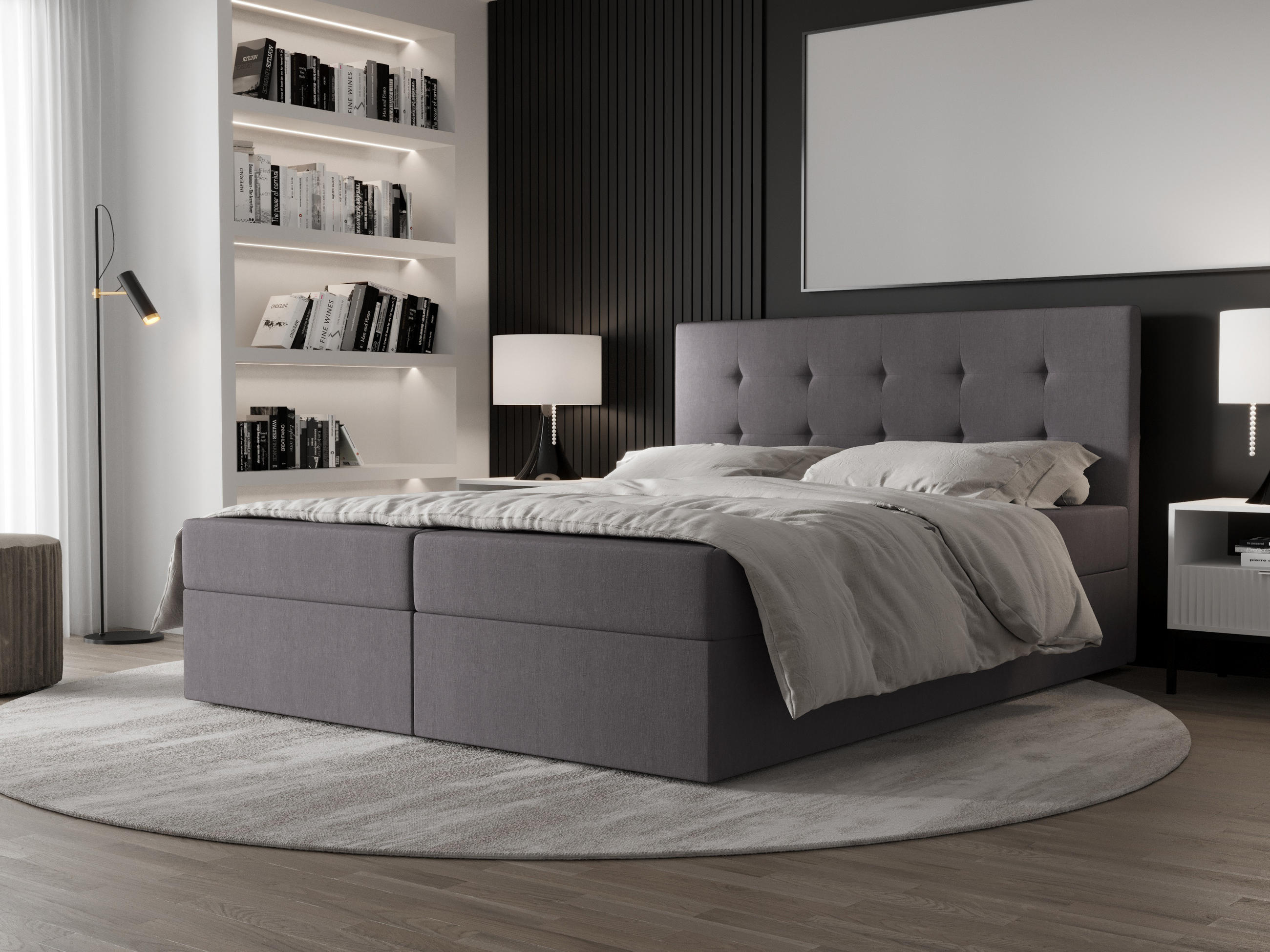 BOXBETT Dahlina 180/200 cm in Grau – mit Bettkasten und Luxus & Funktionalität - Schwarz/Grau, Holz/Holzwerkstoff (180/200cm) - AX Living