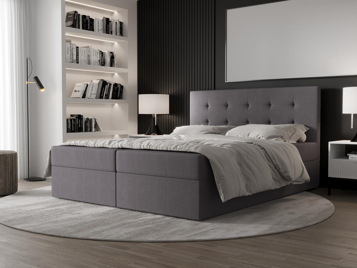 BOXBETT Dahlina 140/200 cm in Grau – mit Bettkasten und Luxus & Funktionalität - Schwarz/Grau, Holz/Holzwerkstoff (140/200cm) - AX Living