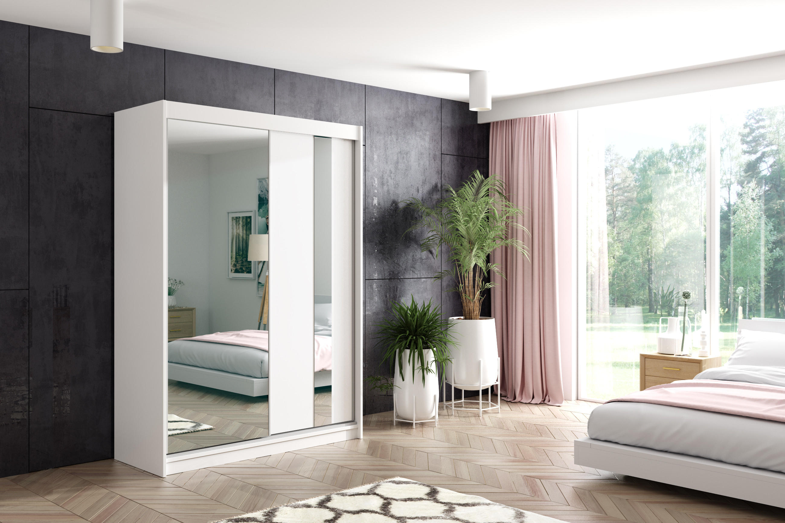 KLEIDERSCHRANK mit Spiegel-Schiebetüren und Aluminium-Leisten - GRACE - 160 cm Weiß - Weiß, Holzwerkstoff (160/216/61cm) - ALTDECOR