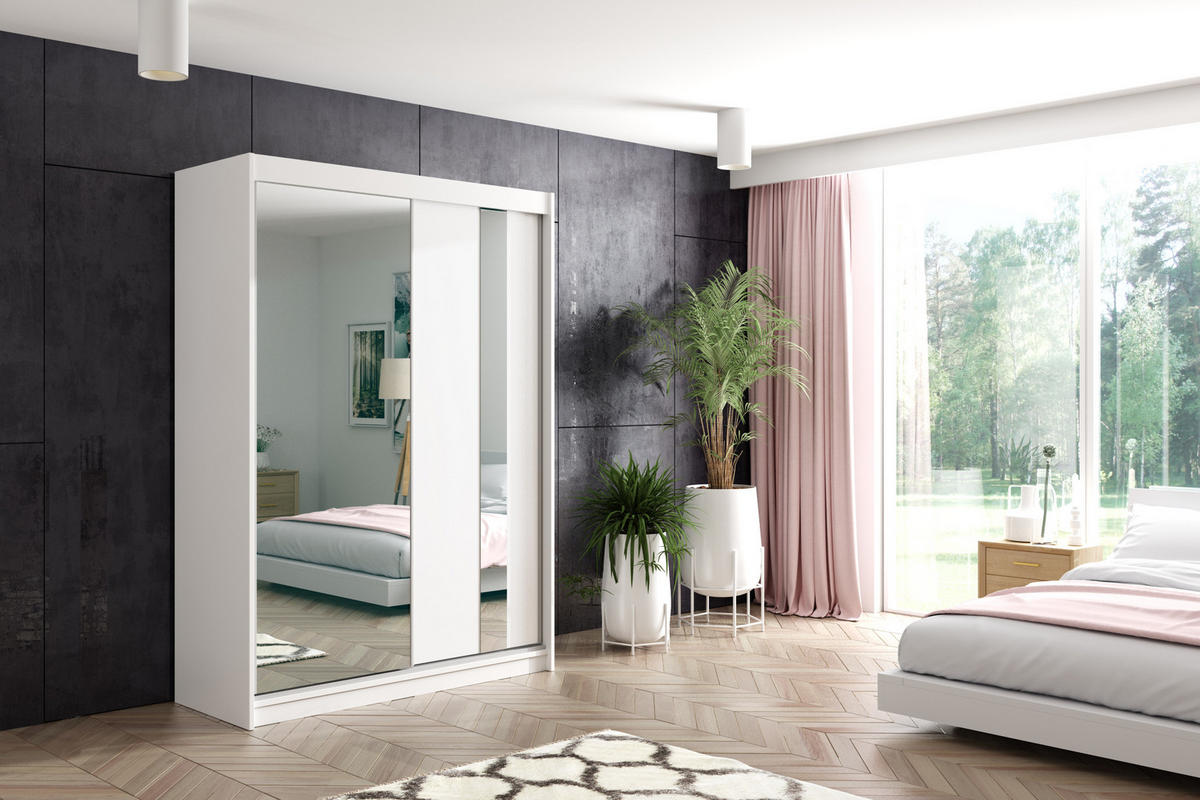 KLEIDERSCHRANK mit Spiegel-Schiebetüren und Aluminium-Leisten - GRACE - 160 cm Weiß - Weiß, Holzwerkstoff (160/216/61cm) - ALTDECOR