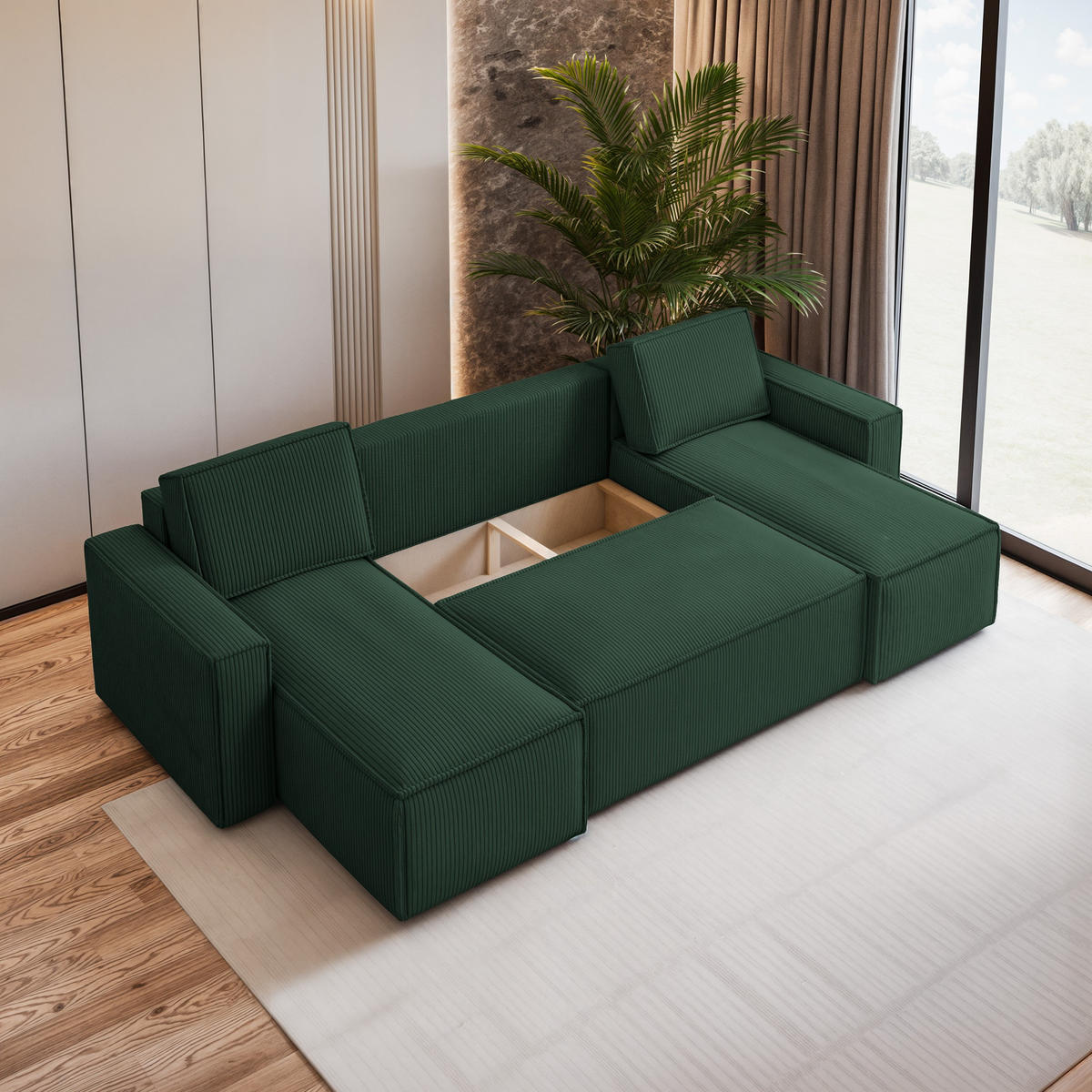 WOHNLANDSCHAFT PESANO P Grün Kordstoff mit Schlaffunktion - Grün, Holz (306/85/140cm) - MASSENO