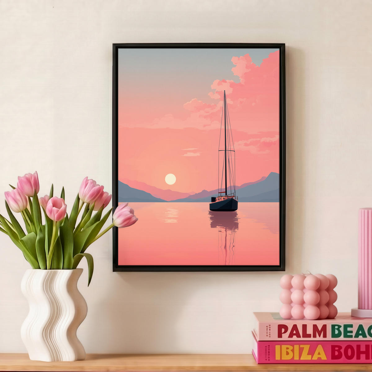 LEINWAND Bilder mit Rahmen - Segelboot - Rosa Meer - Sonnenuntergang - Berge - 30x40 - Rosa, Textil (30/40cm) - MuchoWow