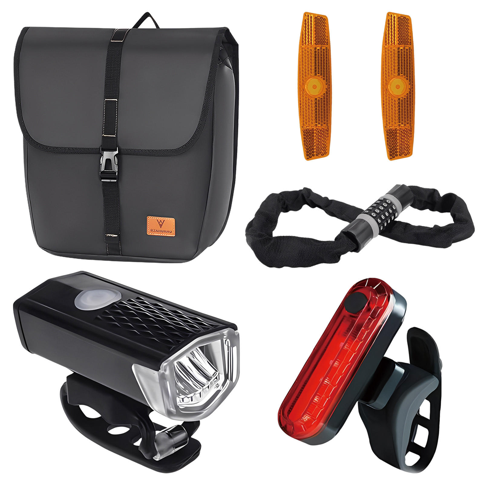 FAHRRADZUBEHÖR Set 5in1, LED-Licht, Gepäckträgertasche & Kettenschloss - Schwarz, Textil (17/39/35cm)