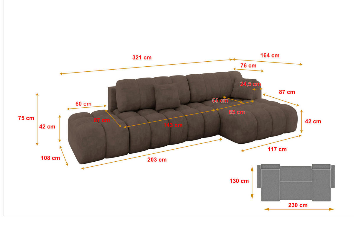 ECKSOFA mit Schlaffunktion Ottomane RECHTS OLEA-L2 321x164x75 Braun Velours - Schwarz/Bronzefarben, Holzwerkstoff/Kunststoff (164/321cm) - ALTDECOR