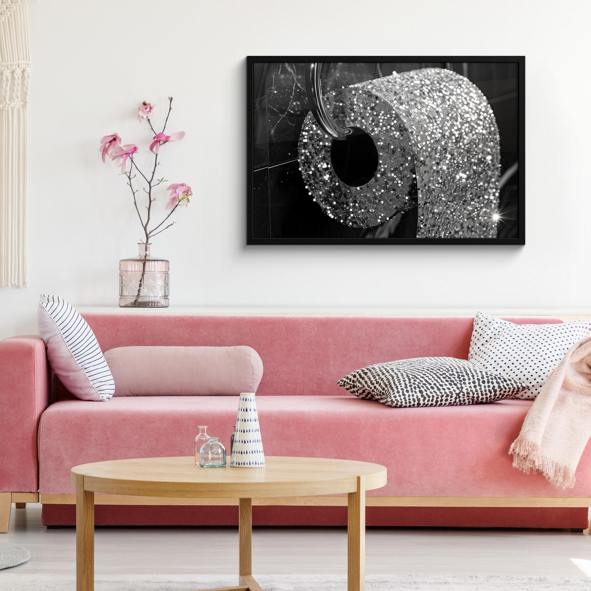 ZARÁMOVANÝ PLAGÁT WC - toaletný papier - čiernobiely - trblietky 90x60 cm - strieborná, papier (90/60cm) - MuchoWow