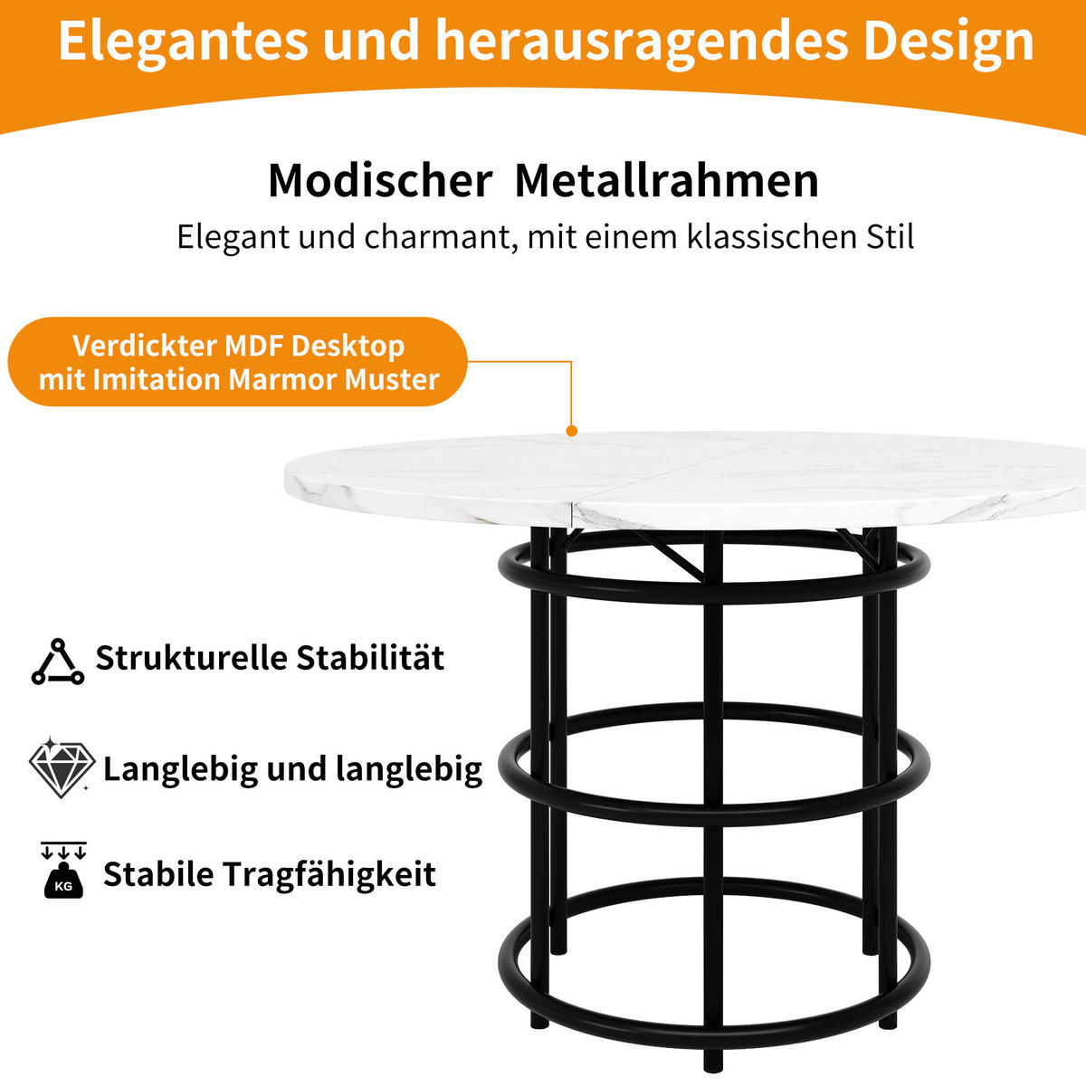 ESSTISCH, marmorierte MDF-Platte & Metallgestell, 100/100/76 cm, Schwarz - Schwarz, Holzwerkstoff (100/100/76cm) - Redom