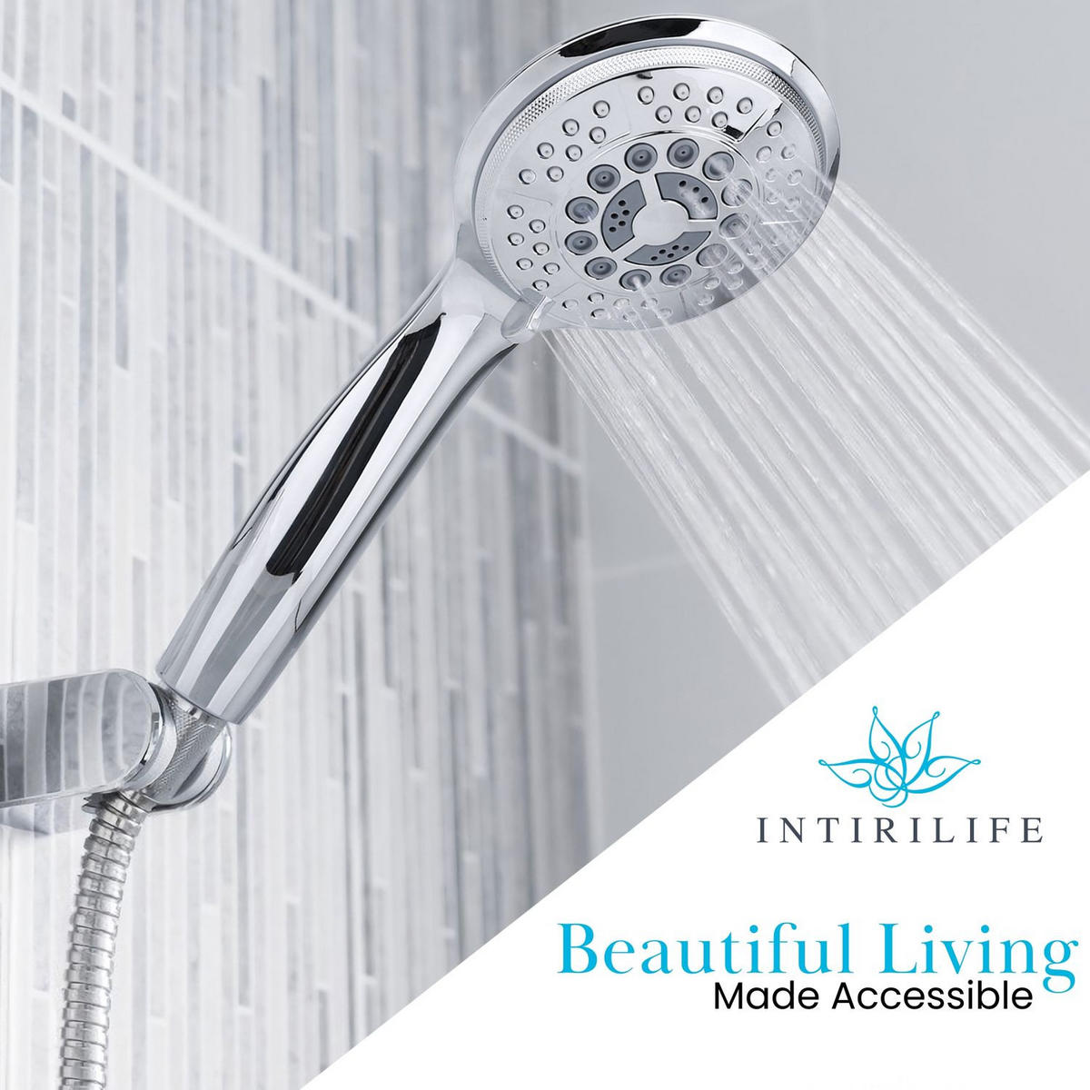 DUSCHKOPF Handbrause mit 5 Funktionen 24.5/10/4 cm - Silberfarben, Kunststoff (10/4/24.5cm) - Intirilife