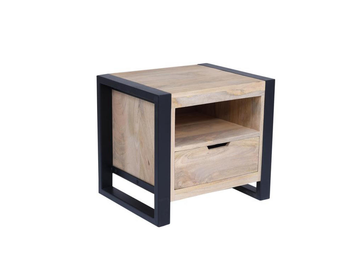 NACHTTISCH mit 1 Schublade & 1 Ablagefach - Mangoholz & Metall - Holzfarben & Schwarz - HARLEM II - Schwarz, Holz (40/45/50cm) - Vente-Unique