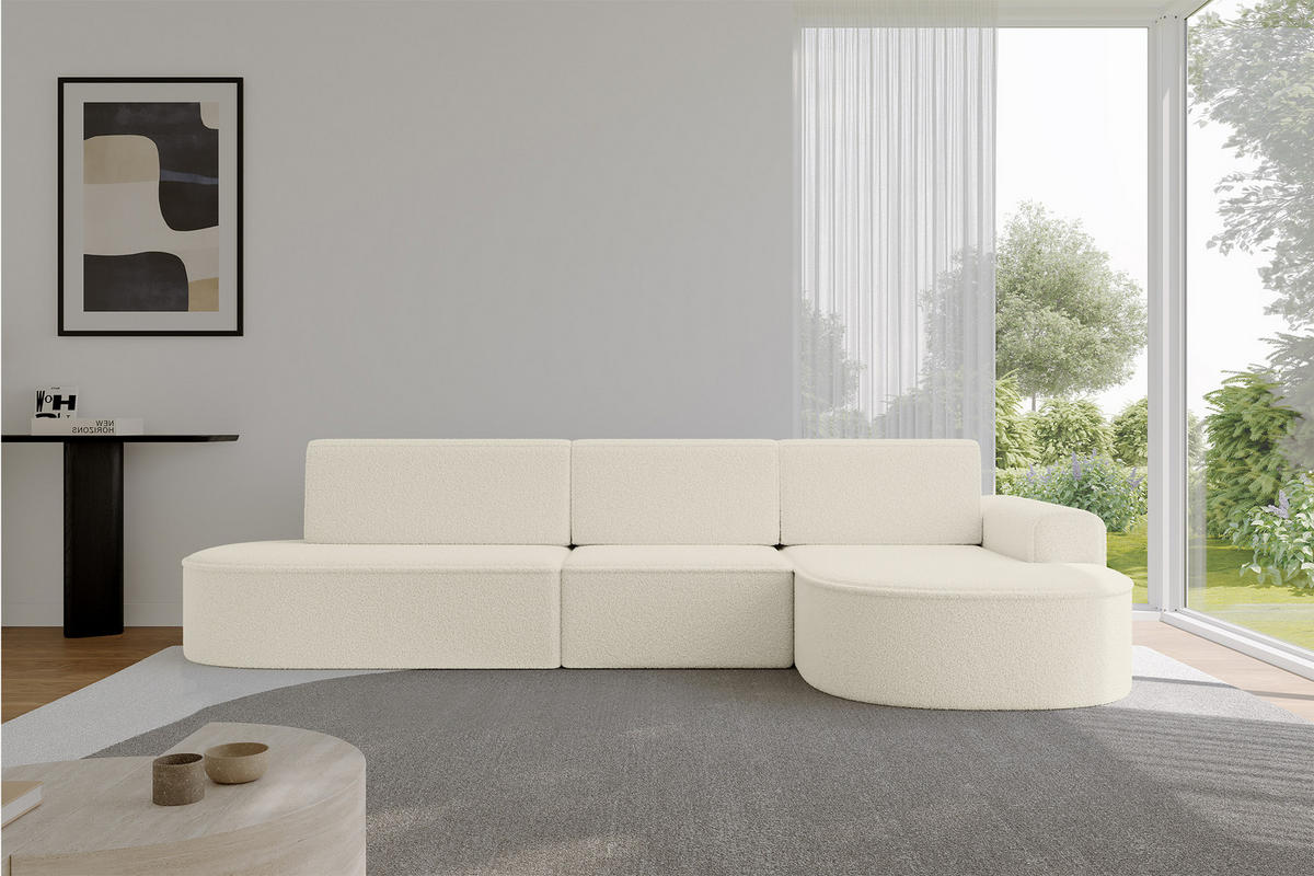 ECKSOFA mit Schlaffunktion Ottomane RECHTS MARI L2-S 368X167X85 Beige Bouclé - Beige/Schwarz, Holzwerkstoff/Kunststoff (167/368cm) - ALTDECOR